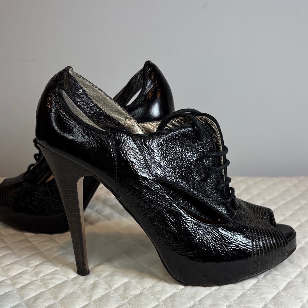Black Oxford Style Lace up Peep-Toe Platform Leather Heels Made in Italy. Size 6 - Picture 6 of 12
